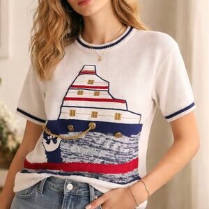 Vintage 80s Evian II Nautical Ship Novelty Sweater L